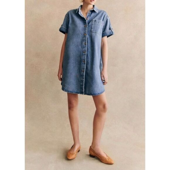Sezane Dresses & Skirts - Sézane Denim Mini Short-Sleeve cotton Ana Shirt Dress oversized size 34